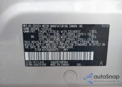 2012 Toyota Rav4 Limited z USA, uszkodzony, nr VIN 2T3DF4DV3CW266979